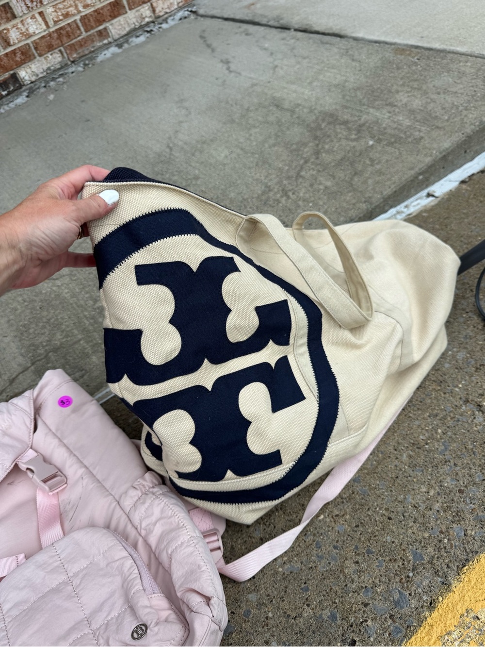 Tory Burch Cream Canvas Tote with Navy Logo